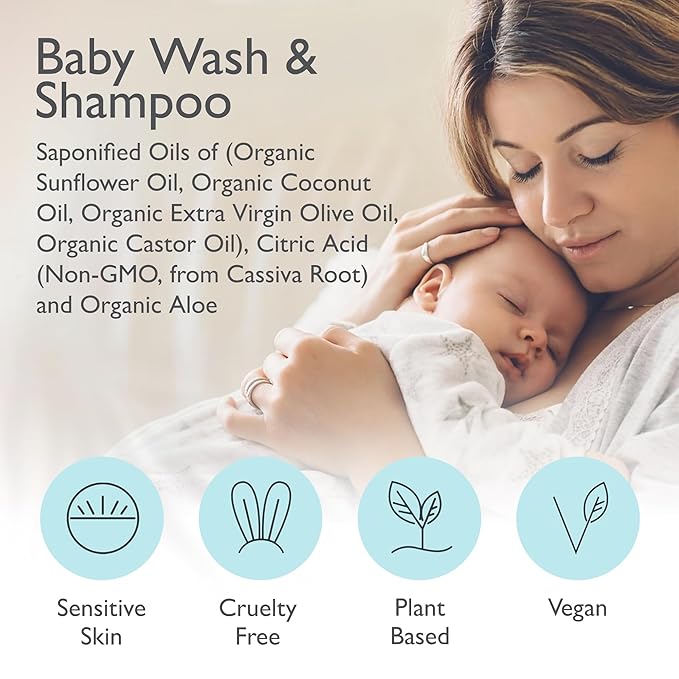 SoCal Suds & Company Organic Baby Shampoo and Body Wash - 2-in-1 Castile Soap, Hypoallergenic, Sensitive Skin, Natural Soap, Toddler Shampoo, Infant, Newborn, Kids Body Wash - 12oz Fragrance Free