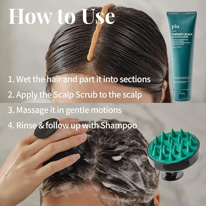 PLU Korean Therapy Scalp Scaling Scrub with Silicone Scalp Massager Brush - Walnut Scalp Scrubber Gel for Oily Scalp and Dandruff - Scalp Exfoliating & Deep Cleansing Combo Set