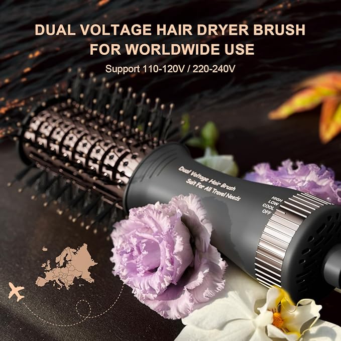 Travel Dual Voltage Blow Hair Dryer Brush 4-IN-1 Portable Mini Hot Air Dryer Straightener & Curler Brush, Titanium 2-Inch Blowout Styler Volumizer Tool, 110/240V US/EU/UK Plug for International Travel