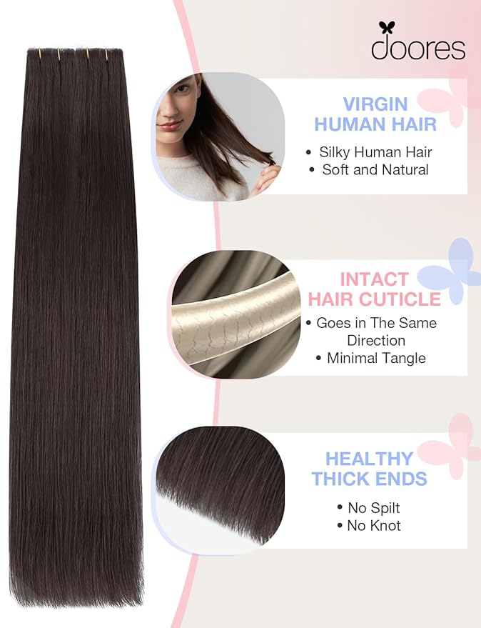 DOORES Seamless Tape in Hair Extensions Real Human Hair Invisi Edge, Dark Brown 10 Injection Tape-ins with 10 Injection Tape-ins 50g 20 Inch, Injected Tape in Extensions Virgin