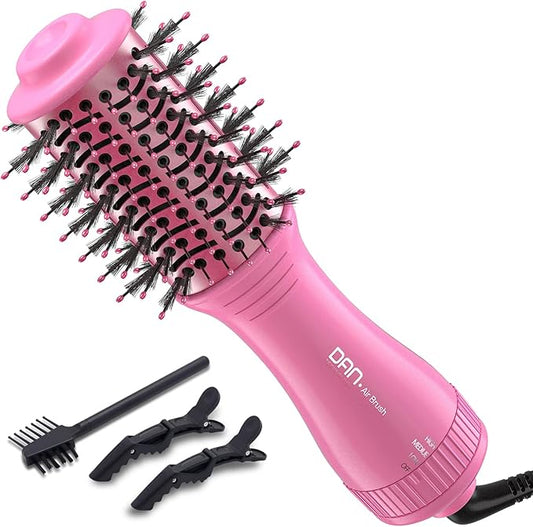 Dan Technology Hot Air Brush, 4-in-1 Hair Dryer, Comb, Straightener, and Curler, with Ceramic Glaze Barrel, for Damp, Fluffy, Messy, Straightened, Dried, Curly Hair, 2-Inch, Pink