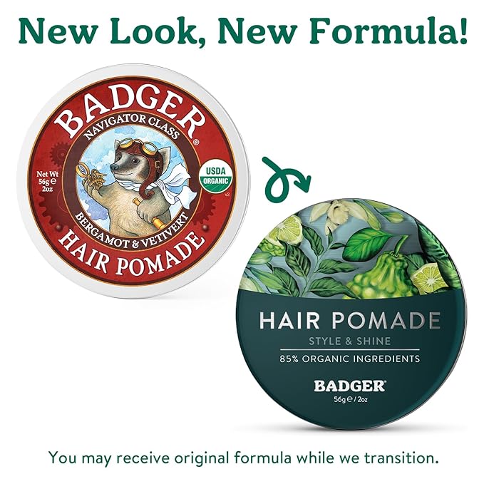 Badger Hair Pomade for Men, Organic, Easy to Use, Subtle Masculine Scent, Medium Hold Hair Pomade with Medium Shine Finish, Nourishes Hair & Scalp 2 oz Tin, 2-Pack