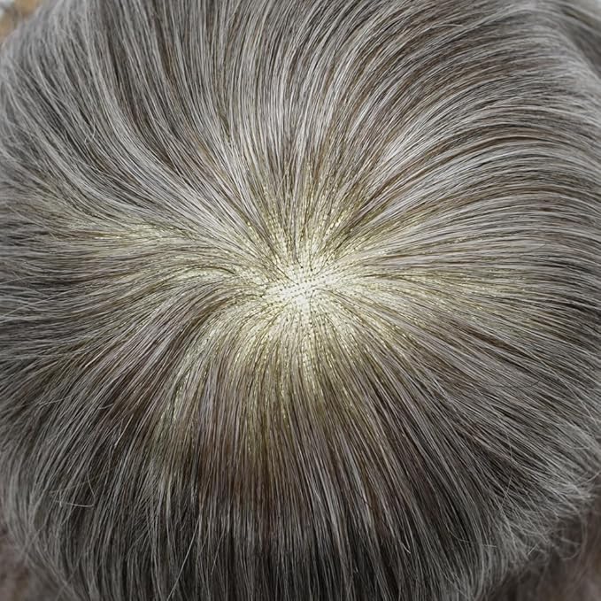 Toupee For Men Real Human Hair System Full Swiss Lace Mens Toupee Lace Hair Piece For Men Hair System Bleached Knots 7x9 120% Medium light density #365 3# DARK BROWN+65% GREY