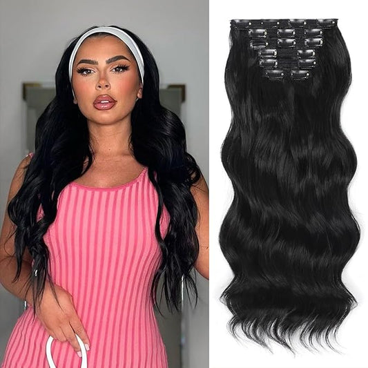 Vigorous Clip in Hair Extensions Black Long Wavy Hairpieces 20Inch Hair Extensions Clip Ins Soft Synthetic Hairpieces for Women (7Pcs)