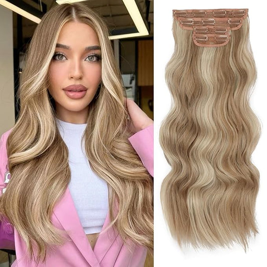 Vigorous Clip in Hair Extensions 4PCS Blonde mix Bleach Blonde Long Wavy Hairpieces 24Inch Hair Extensions Clip Ins Soft Synthetic Hairpieces for Women