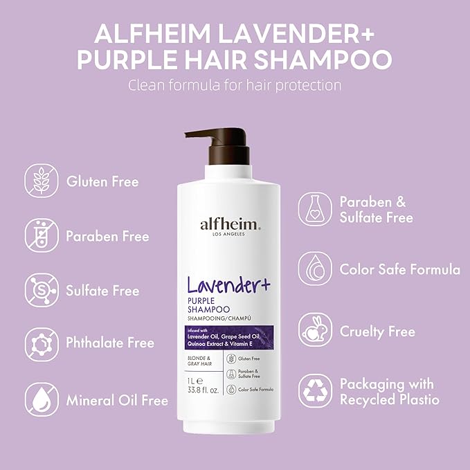 ALFHEIM Lavender+ Purple Brightening Shampoo | Deep Moisturizing, Hydrating ＆ Smoothing | Color-Safe, Sulfate & Paraben-Free Formula, for Silver, Blonde & Highlighted Hair | 33.8 fl oz