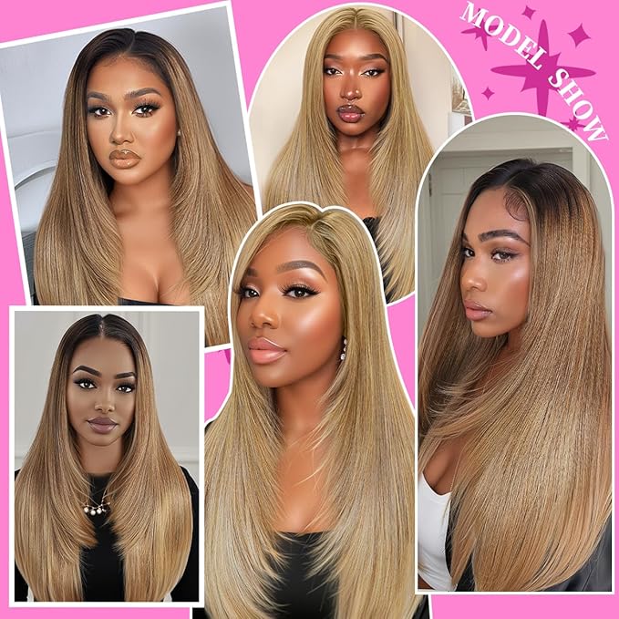 13x4 Synthetic Lace Front Wigs Pre Plucked Honey Blonde with Black 26 Inch Long Layered Straight Wigs For Women 100% Futura Premium Fiber Ready to Wear Wig With Bangs Daily Party Use