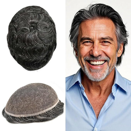 Toupee For Men Real Human Hair System Full Swiss Lace Mens Toupee Lace Hair Piece For Men Hair System Bleached Knots 8x10-80% light density#1B20 1B# OFF BLACK+20% GREY