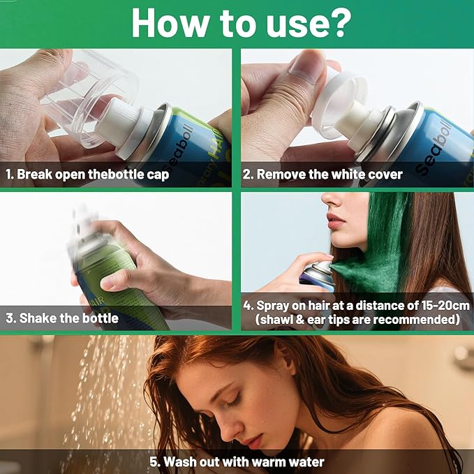 Green Hair Spray, Temporary Hair Color Spray for Kids Women Men– Safe Non Sticky Washable One Day Hair Dye Spray, Disposable Accessories Included, for Halloween Cosplay Party DIY Costume Pet Fun