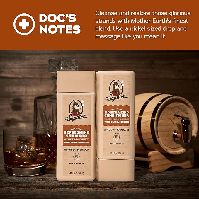 Dr. Squatch Natural Men's Shampoo and Conditioner Set - Healthy, Full Looking Hair - Wood Barrel Bourbon Natural Shampoo and Conditioner for Men (11 fl oz, 2-Pack)