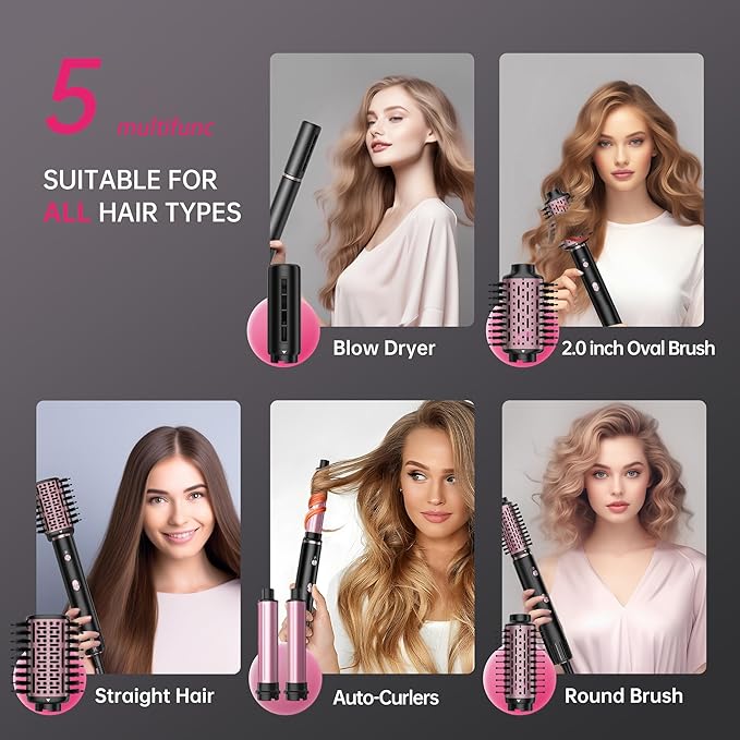 SKIMI 110,000 RPM Brushless Motor Hair Dryer Brush - 5 Muti-Styler for Fast Drying, Curling, Volumizing & Straightening | High-Speed Hot Air Brush for All Hair Types (Black & Blush Red)