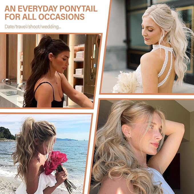 24 Inch Ponytail Extension, Clip on Ponytails for Women, Long Curly Wavy Ponytail Extensions for Women, Synthetic Layered Pony Tails Hair Extensions (Color:Medium Blonde with Bleach Blonde Ends)
