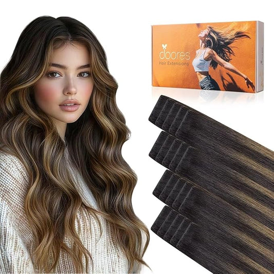DOORES Seamless Tape in Hair Extensions Human Hair Invisi Edge, Dark Brown to Chestnut Brown 10 Injection Tape-ins with 10 Injection Tape-ins 50g 16 Inch, Human Tape in Extensions