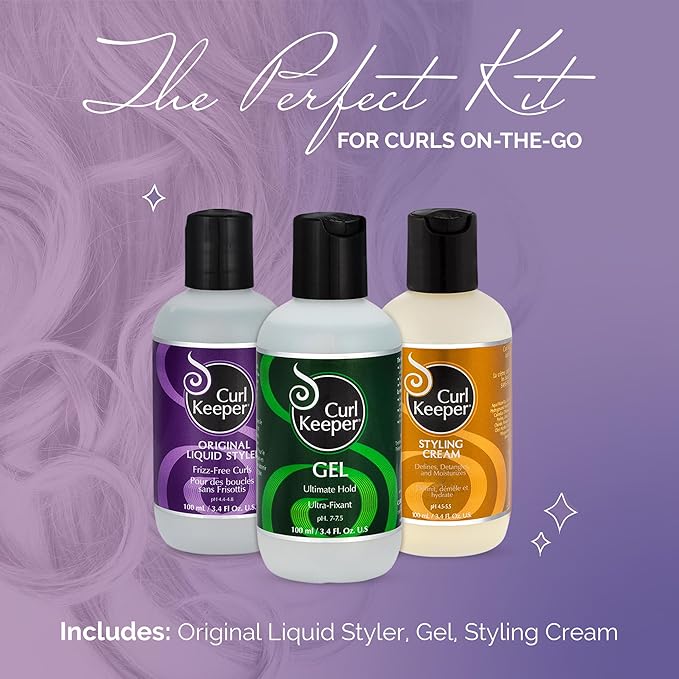 Curl Keeper Travel Pack for Curly Hair - TSA Approved Travel Set Includes Original Liquid Styler, Hold Gel & Styling Cream - Frizz-Free Hair Care Products for All Curl Types - Starter Gift Set