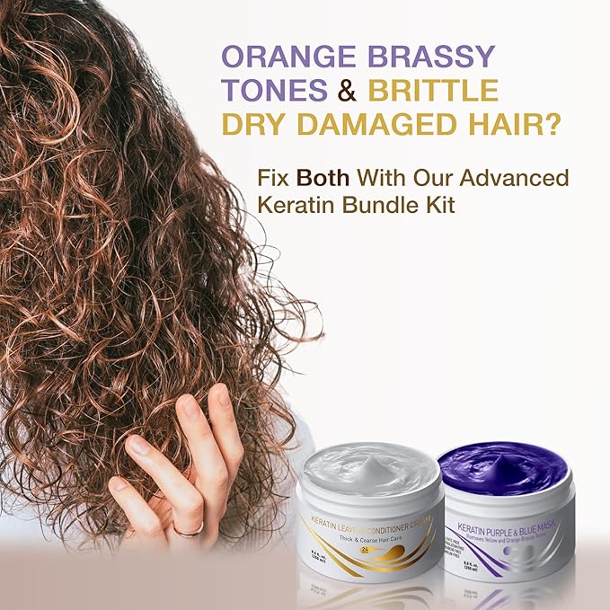 VITAMINS hair cosmetics Keratin Thick Hair Leave-In Conditioner & Purple Blue Hair Mask Kit, No Rinse Moisturizing Curl Cream & Anti-Brass Conditioner for Bleached Blonde Platinum Silver Gray Dry Hair