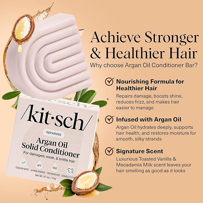 Kitsch Argan Oil Conditioner Bar – Repairing Hair Conditioner for Damaged Hair, Anti-Frizz – Strengthening, Moisturizing Hair Care – Paraben, Silicone & Sulfate-Free – Made in USA - 2.7 oz
