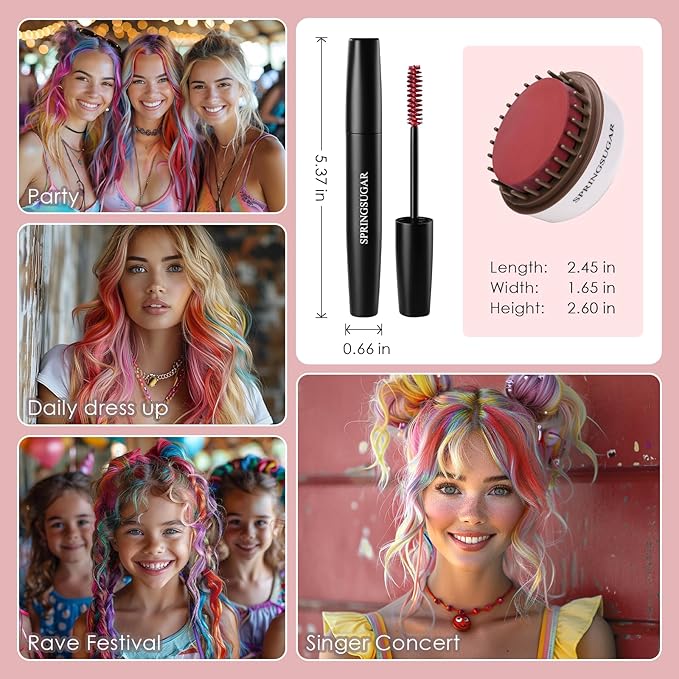 Red Temporary Hair Chalk Color Comb + Washable Hair Mascara Dye for Girls Kids, Makeup Vibrant Dye Hair Colors for Halloween, Cosplay, Sporting Events, DIY Hair Parties Christmas