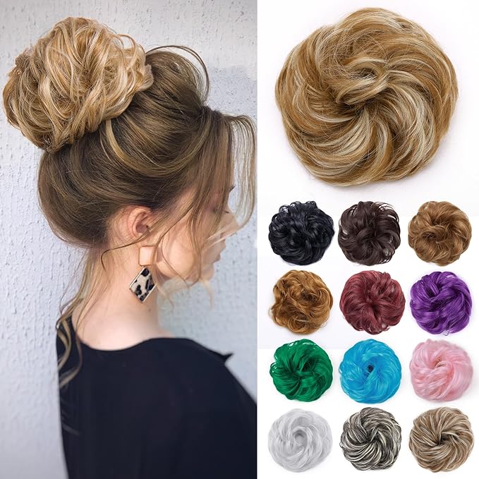 Benehair Hair Bun Hairpiece Scrunchy Updo Hair Pieces Fluffy Scrunchies Donut Hairpiece Synthetic Curly Wavy Messy Chignons With Elastic Rubber Band Light Ash Brown & Bleach Blonde-Thicker 2pcs 70g