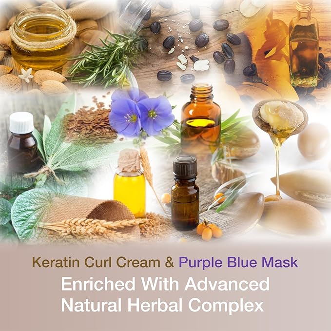 VITAMINS hair cosmetics Keratin Thick Hair Leave-In Conditioner & Purple Blue Hair Mask Kit, No Rinse Moisturizing Curl Cream & Anti-Brass Conditioner for Bleached Blonde Platinum Silver Gray Dry Hair