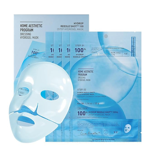 VT COSMETICS Hydrop Reedle Shot 100hl 2-Step Hydrogel Mask(34.5gx4ea), Intensive Hydrating, Exosome Hyaluronic Acid, Dewy & Glass Skin, Overnight Melting Mask, Korean Facial Mask