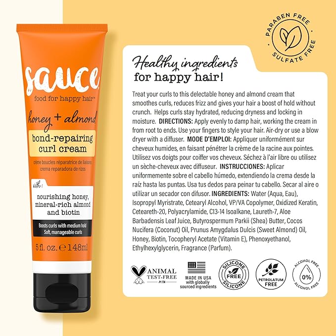 SAUCE Honey + Almond Bond Repair Curl Cream, 5 Fl Oz, Controls Frizz & Defines Curls, Helps Repair Damage & Reduce Breakage with Biotin & Almond Oil, No Sulfates & Parabens