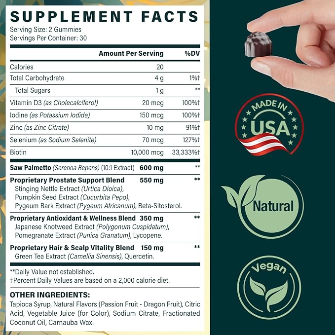 Saw Palmetto Gummies for Men – 600mg Extra Strength DHT Blocker with Biotin, Pumpkin Seed – Supports Prostate Function, Urinary Flow & Hair Regrowth Supplement, 60 Passionfruit-Dragonfruit Gummies