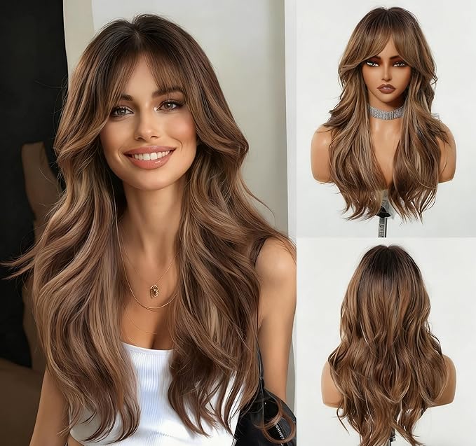Long Wavy Wig with Bangs, Natural Brown Ombre Synthetic Hair, Layered Cut Style, Heat Resistant Fiber for Daily Wear and Cosplay
