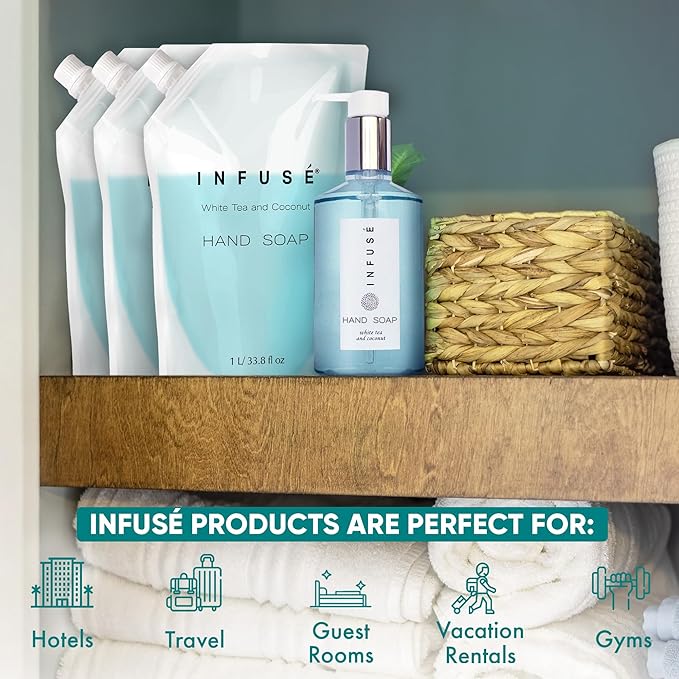 1 Liter Hand Wash Refill Bag For Soap Dispensers | Bulk Toiletries for Vacation Rentals, and Home Bathroom Showers | White Tea and Coconut | Set of 12