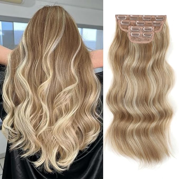 Vigorous Clip in Hair Extensions 4PCS Blonde mix Bleach Blonde Long Wavy Hairpieces 20Inch Hair Extensions Clip Ins Soft Synthetic Hairpieces for Women