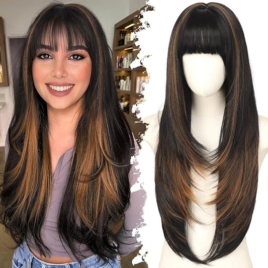 Long Black with Brown Highlights Wig with Bangs for Women,4x4 Realistic Scalp,Free Parting,Layered Hairstyle Synthetic Heat Resistant for Daily Party Use 26 inch