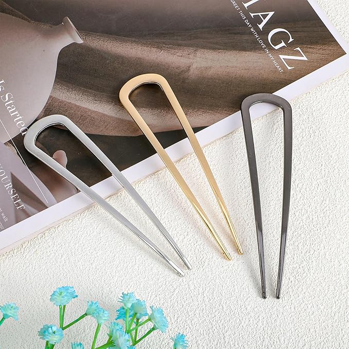 3 Pcs French Hair Pins for Women, U Shaped Hairs Pins, Metal Gold Hairs Accessories, for French Twists, Buns and Updos with No Hair Damage Comfortable Keeps in Place (Gold+Silver+Black)