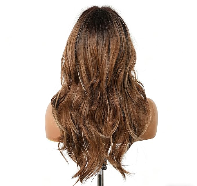 Long Wavy Wig with Bangs, Natural Brown Ombre Synthetic Hair, Layered Cut Style, Heat Resistant Fiber for Daily Wear and Cosplay