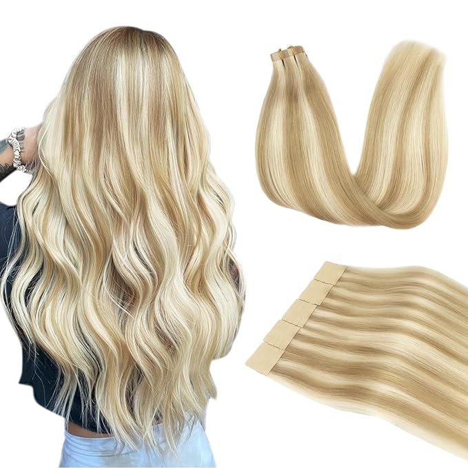 DOORES Tape in Human Hair Extensions, Dark Blonde Highlighted Bleach Blonde 26 Inch, Remy Human Hair, Straight, Tape-In Installation