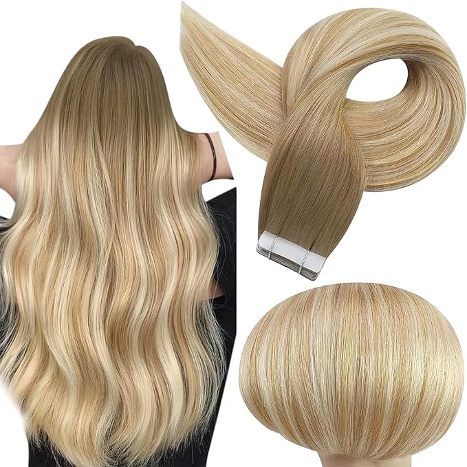 Full Shine Balayage Tape in Hair Extensions Human Hair 6/27/60 Human Hair Tape in Extensions Seamless Tape ins Human Hair Extensions for Women PU Real Human Hair Extension 20pcs 14Inch 50g