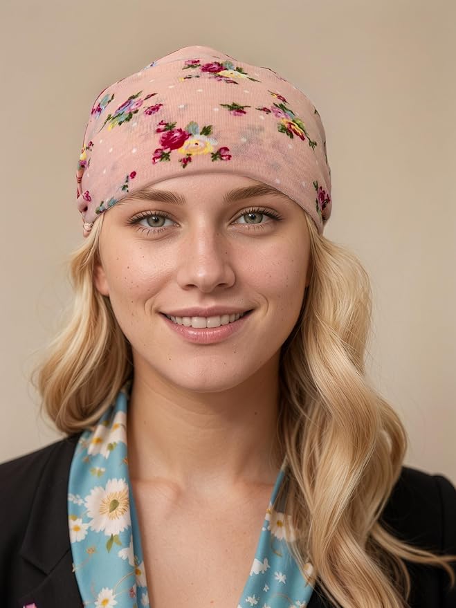 1 Pack Boho Headbands Stretch Paisley Print Bandana Headband Criss Cross Hair Bands Knotted Head Wrap Yoga Daily for Women and Girls (Pink Flower)