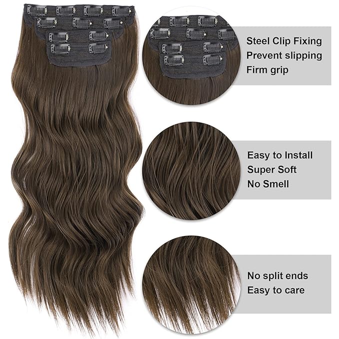 Vigorous Clip in Hair Extensions 4Pcs Chocolate Brown Long Wavy Hairpieces 20Inch Hair Extensions Clip Ins Soft Synthetic Hairpieces for Women