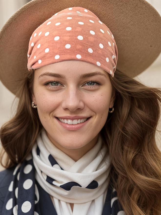 1 Pack Boho Headbands Stretch Paisley Print Bandana Headband Criss Cross Hair Bands Knotted Head Wrap Yoga Daily for Women and Girls (Polka Dot Brown)