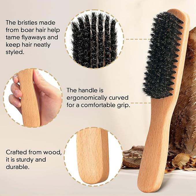 Boar Bristle Slick Back Hair Brush for Smooth Flyaways, Frizz, Sleek Ponytail, Buns and Edge Baby Hair, Teasing | Hair Comb, Edge Brush, Teasing Brush Styling Accessories for Girls, Kids, Women & Men