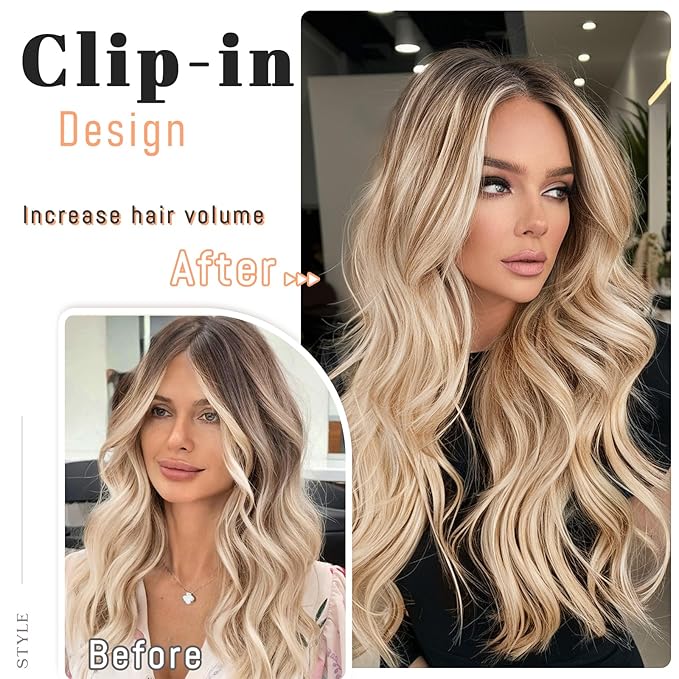 Vigorous Clip in Hair Extensions 20Inch Beach Blonde Highlights Hair Extension Clip Ins 4Pcs Long Wavy Soft Synthetic Hairpieces for Women Girls Daily Use Event Party Use