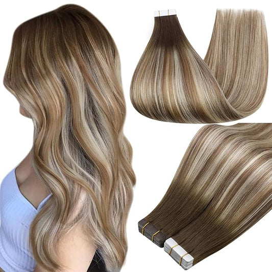 Full Shine Balayage Tape in Hair Extensions Color 3/8/22 Balayage Tape ins Human Hair Extensions 20Inch Straight Brazilian Invisible Skin Weft 100G Cuticles Aligned Extension 40Pcs