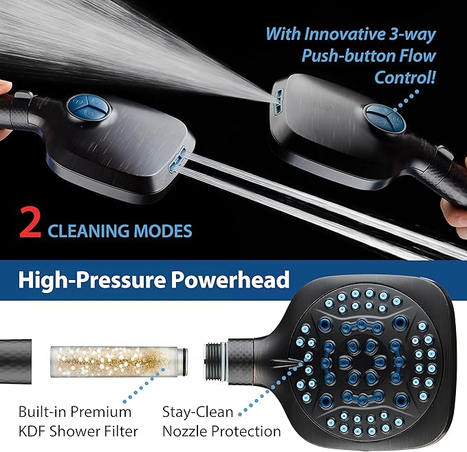AquaCare 4X High Pressure 10 Spray Mode Filtered Showerhead - Handheld Shower Head Filters Chlorine to Heal Dry Skin, Revive Hair - Dual Power Wash Cleans Tub, Tile, Pets - Hard Water Softener, ORB