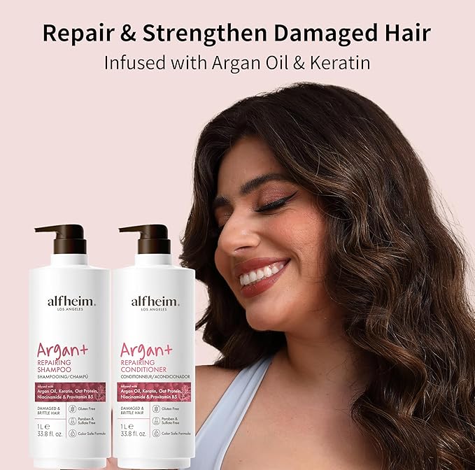 Alfheim Argan Repairing Shampoo & Conditioner Set | Sulfate-Free for Dry ＆ Damaged Hair | Argan Oil, Keratin & Niacinamide Infused to Strengthen ＆ Moisturize, Reduce Breakage ＆ Anti-Frizz | 33.8oz*2