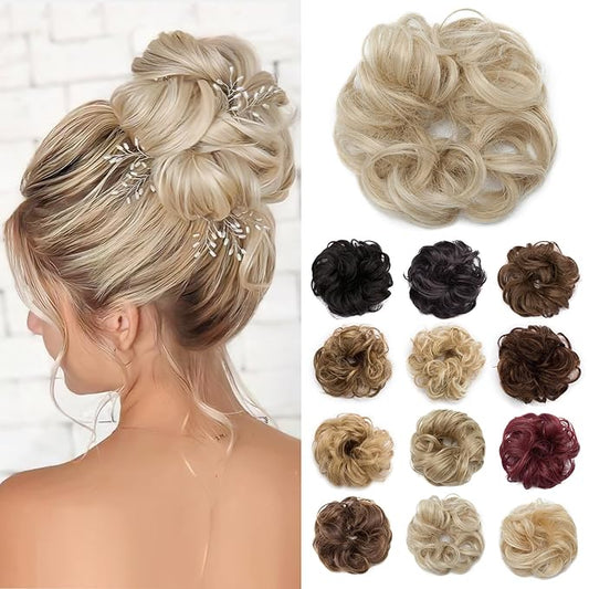 Benehair Messy Bun Hair Piece Scrunchy Updo Hair Pieces for Women Fluffy Wavy Hair Bun Scrunchies Donut Hairpiece Synthetic Chignons with Elastic Rubber Band Ash Blonde mix Bleach Blonde 2pcs 50g