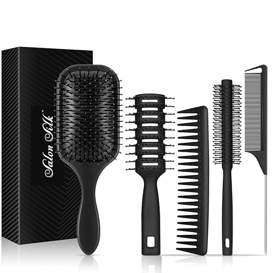 SALONSILK Hair Brush Comb Set, 5PCS Women Men Hair Brush & Styling Comb Set, Wide Tooth Rat Tail Fine Tooth Paddle Roller Combs - Professional Barber Tools for All Types