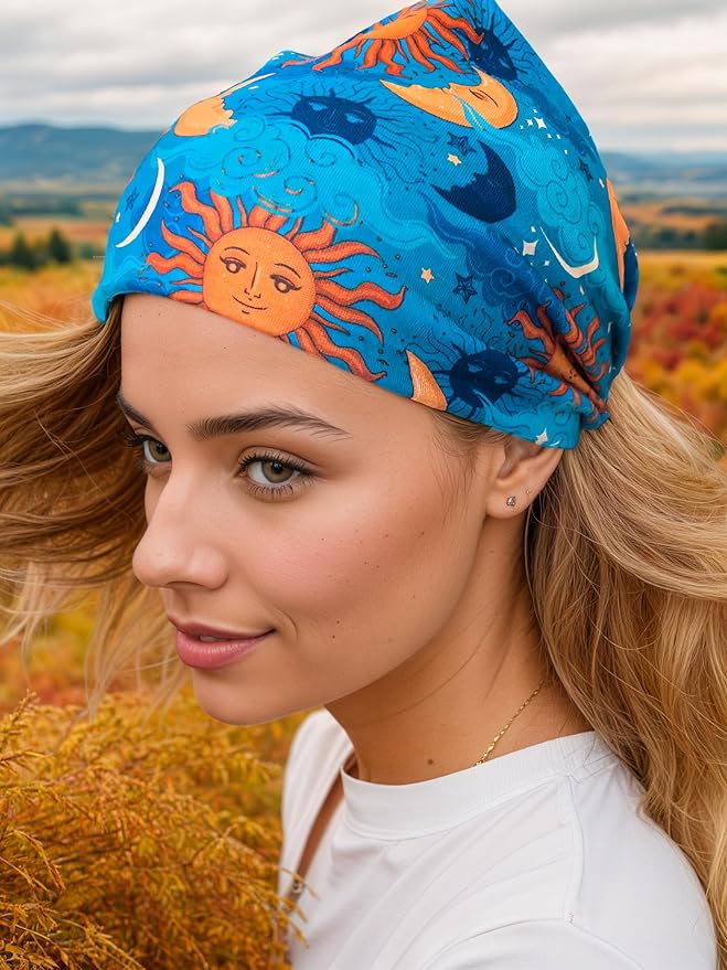 1 Pack Boho Headbands Stretch Paisley Print Bandana Headband Criss Cross Hair Bands Knotted Head Wrap Yoga Daily for Women and Girls (Moon)