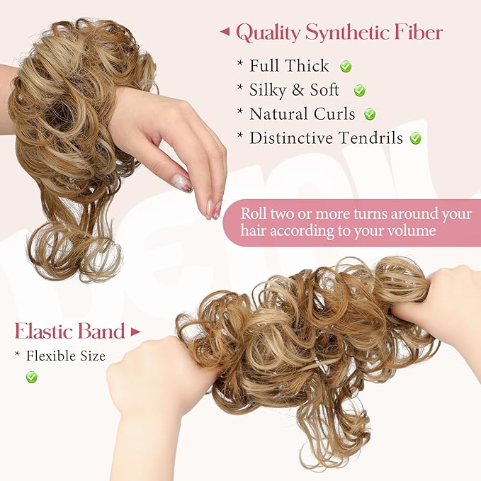 2PCS Messy Bun Hair Piece Tousled Updo with Tendrils Wavy Curly Hair Bun Scrunchies Ponytail Extension Elastic Band Hairpieces For Women (Ash blonde mix Ginger Brown)