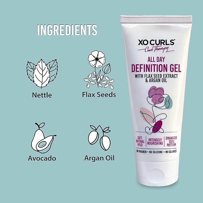 XO Curls All Day Definition Gel with Flax Seed and Argan Oil 3.4 Fl Oz | Unisex Curly Cream Hair Therapy for Frizz-Free, Soft Natural Curls