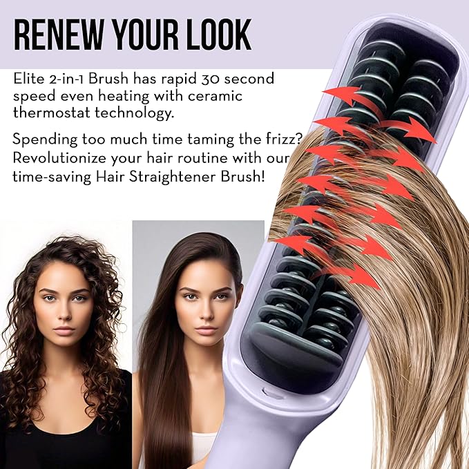 Hair Straightener Dual Brush Head - Straighten Frizzy Hair w Ease — Titanium Ionic Comb with 17 Temp Settings w LCD Display - Fast Heating, Salon-Quality Styling Tool for Women, Lavender-Royal