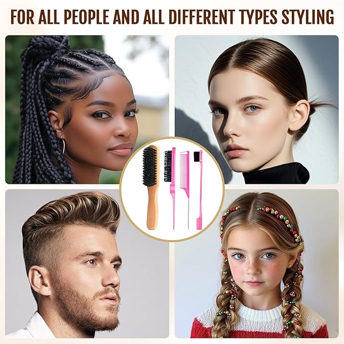 Boar Bristle Slick Back Hair Brush for Smooth Flyaways, Frizz, Sleek Ponytail, Buns and Edge Baby Hair, Teasing | Hair Comb, Edge Brush, Teasing Brush Styling Accessories for Girls, Kids, Women & Men