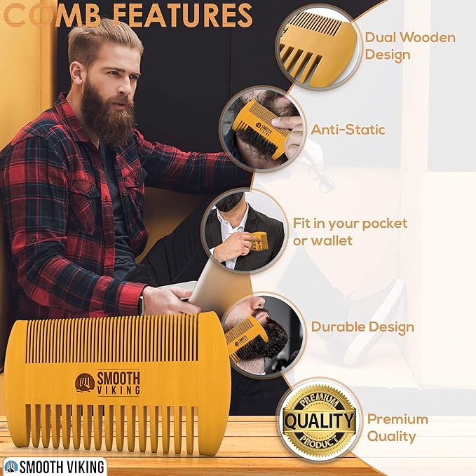 Beard Brush and Comb - Natural Boar Bristle Beard Brush & Beard Comb for Men - Facial Hair Care Gift Set for Men - Mustache Styling, Grooming & Shaping Tools